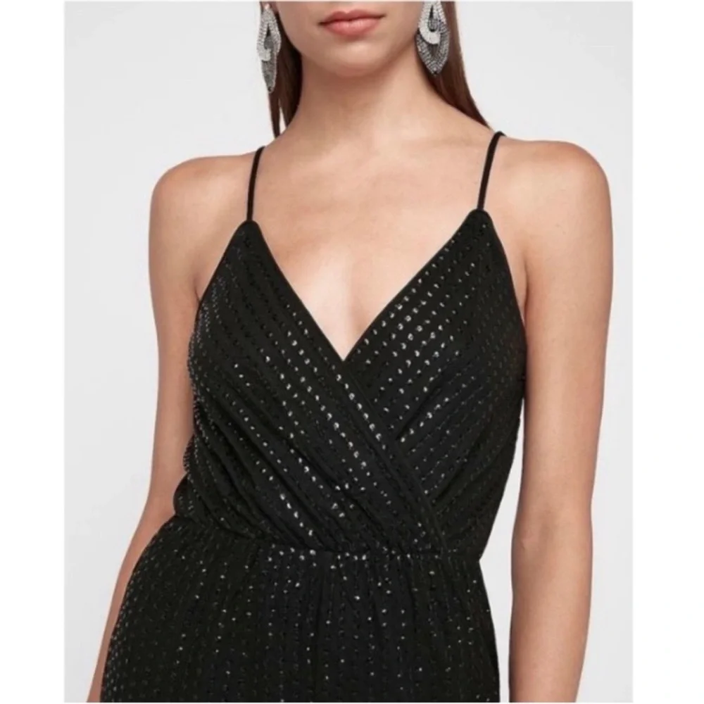 Express Black Sequin Surplice V-Neck Adjustable Strap Jumpsuit Size Small‎